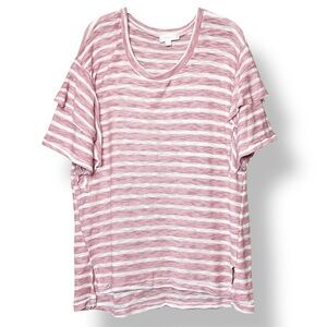 Suzanne Betro Weekend Casual‎ Boho Top Large pink stripe distressed ruffle sheer